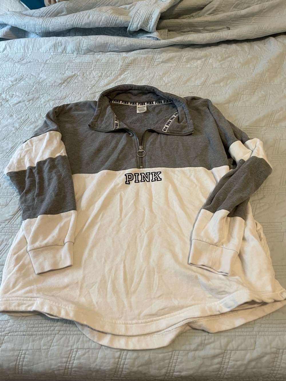 PINK Victoria's Secret Gray & White Colorblock Quarter-Zip Pullover